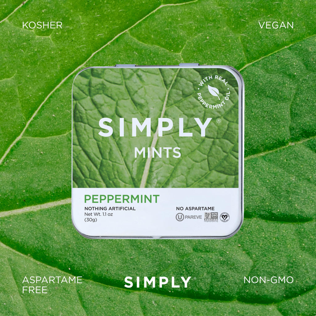 SIMPLY Peppermint Breath Mints, 6 Tins (30 Each) Sweetened by Cane Sugar
