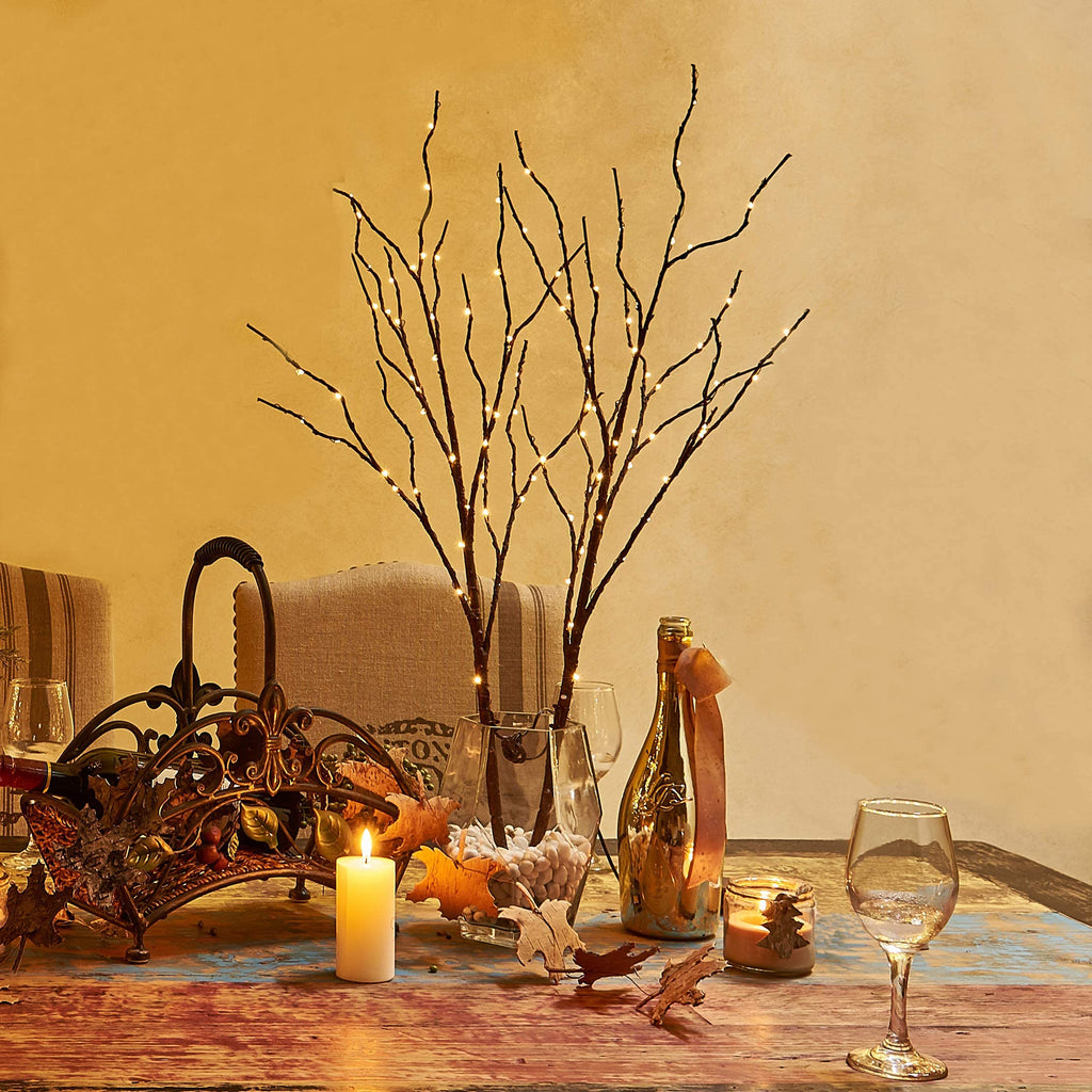 Hairui Lighted Brown Branches Battery Operated with Timer 32IN 100 LED Fairy Lights, Willow Branch Lights for Home Bedroom Fireplace Christmas Holiday Decoration Indoor Outdoor Use (Vase Excluded)
