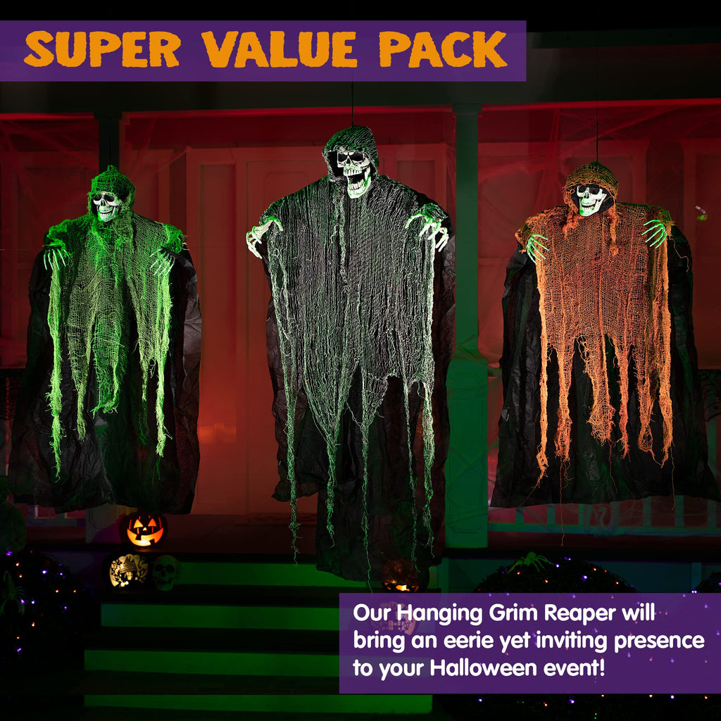 JOYIN Halloween Hanging Grim Reapers (3 Pcs), One 47” and Two 35” Grim Reapers, Halloween Skeleton Flying Ghost for Haunted House Prop Décor, Outdoor Indoor Décor