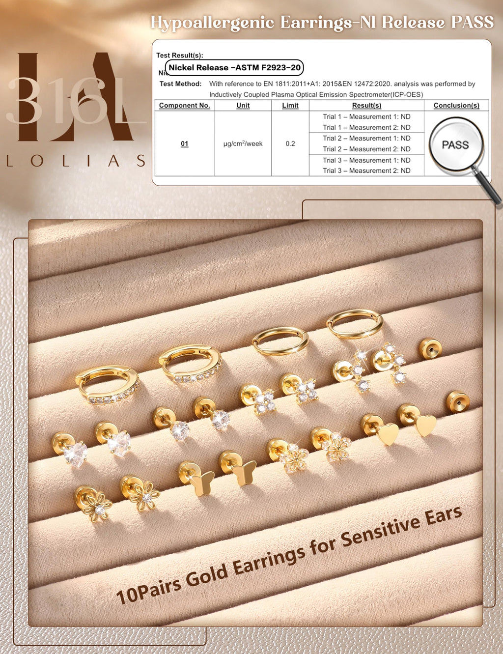 LOLIAS 10Pairs Flat Back Earrings for Women Girls Hypoallergenic Gold Stud