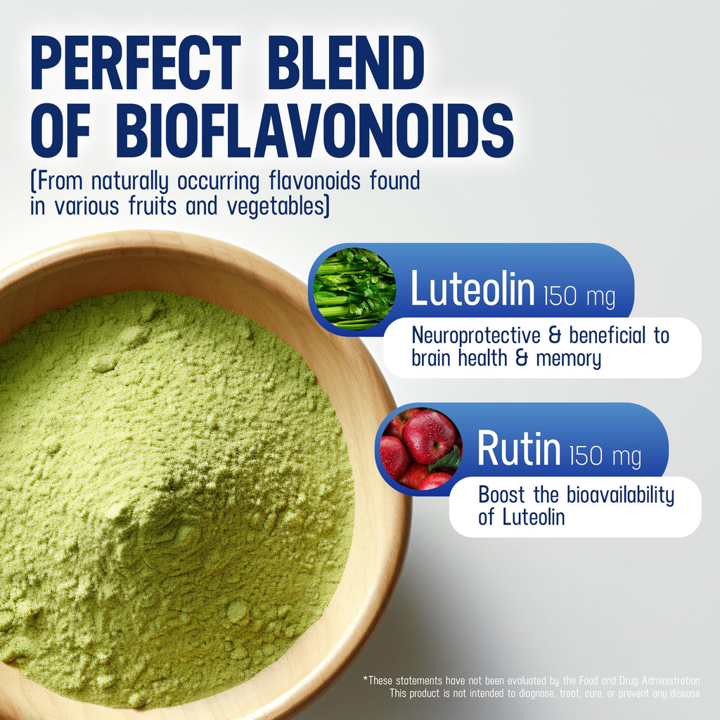 Lutimax Luteolin Complex Powder Brain Supplement with Rutin - Nootropic Brain Supplements for Memory and Focus to Improve Brain Health - Antioxidant Supplement for Immune Support, 100 Servings 2 Pack