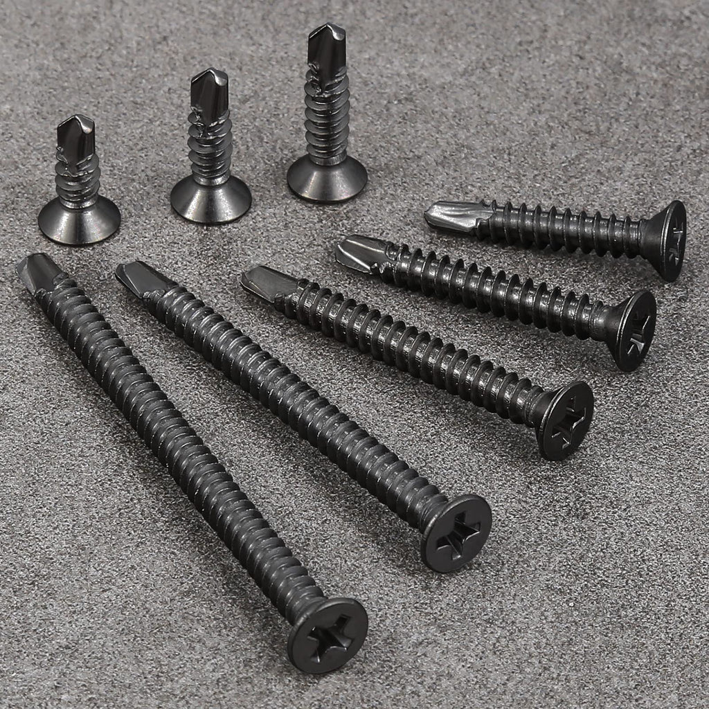 Wensilon（500pcs）#8×5/8”for Sheet Metal Self-Tapping Screws 410 Black Stainless Steel Flat Head High-Strength Quick self-Drilling Screws