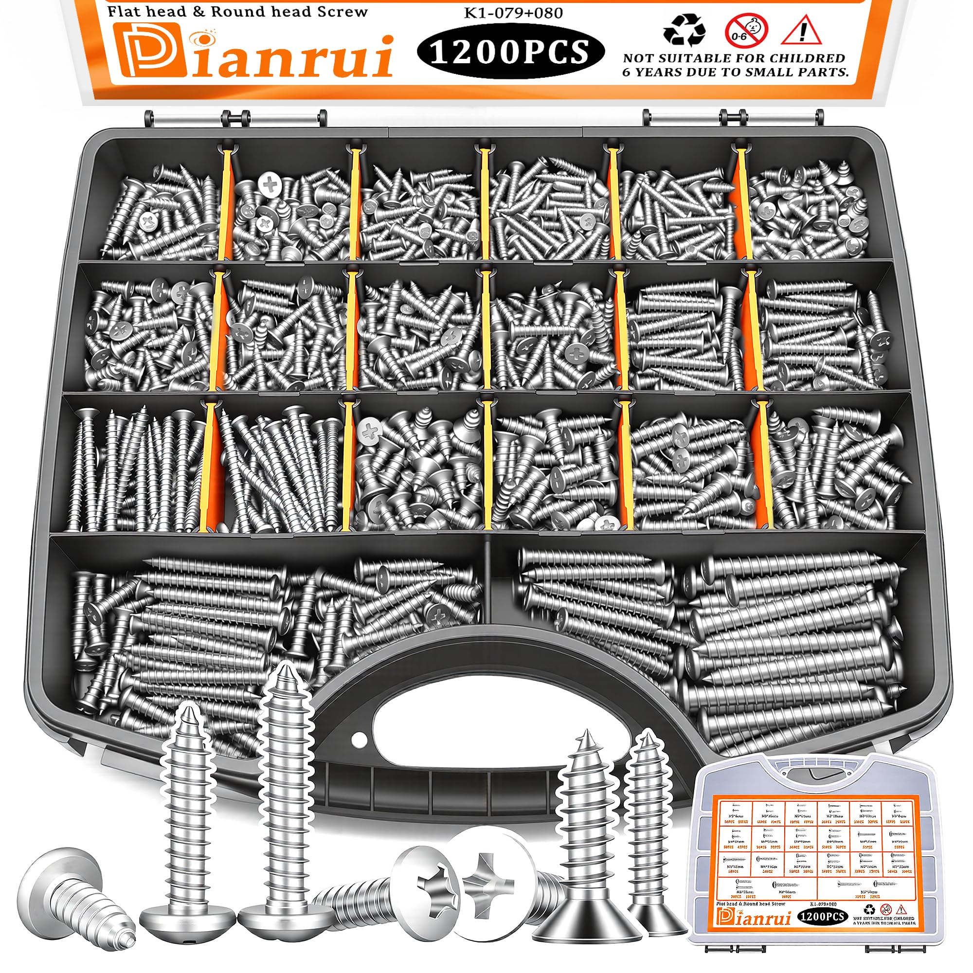 Dianrui 1200 PCS Wood Screws Assortment Kit, Assorted 304 Stainless Steel Screws M3/M4/M5/M6, ‌Phillips Drive Sheet Metal Self Tapping Screw Set Marine Grade (Pan & Flat Head Screw) Length 1/4" to 2"