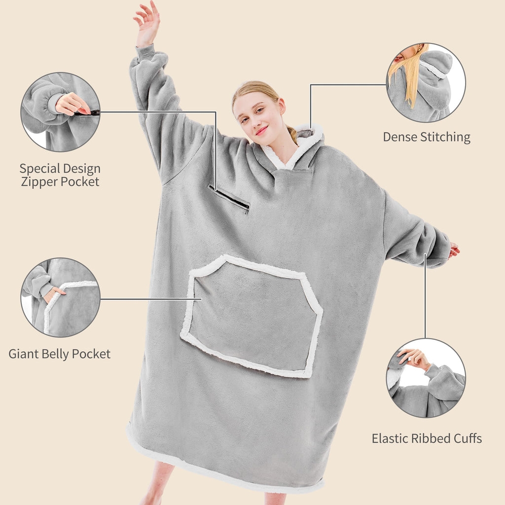 IFNOW Oversized Sherpa Wearable Blanket Hoodie for Adult with Eye Mask,Grey