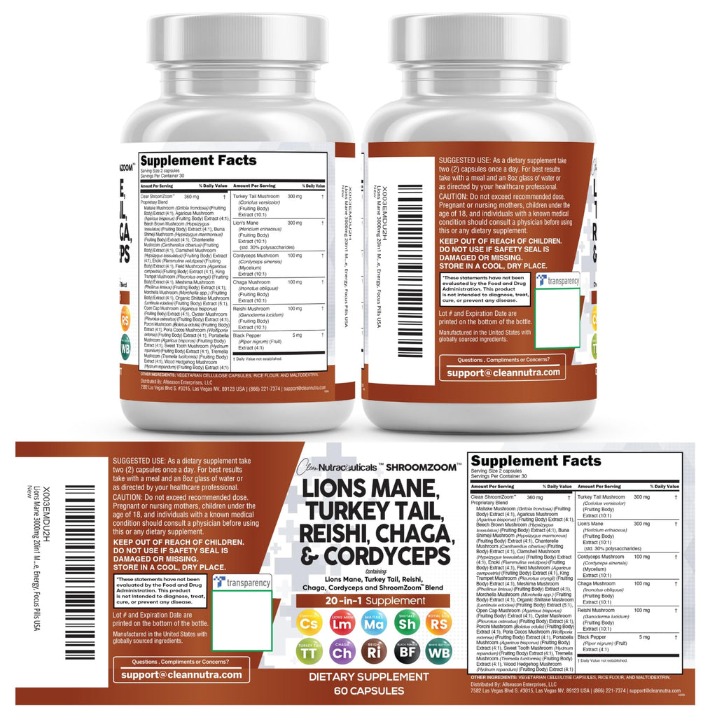 Clean Nutraceuticals Lions Mane 20in1 Mushroom Supplement with Turkey Tail Reishi Cordyceps Chaga Maitake Meshima Poria Cocos Shiitake Oyster Porcini Enoki - 2Pack