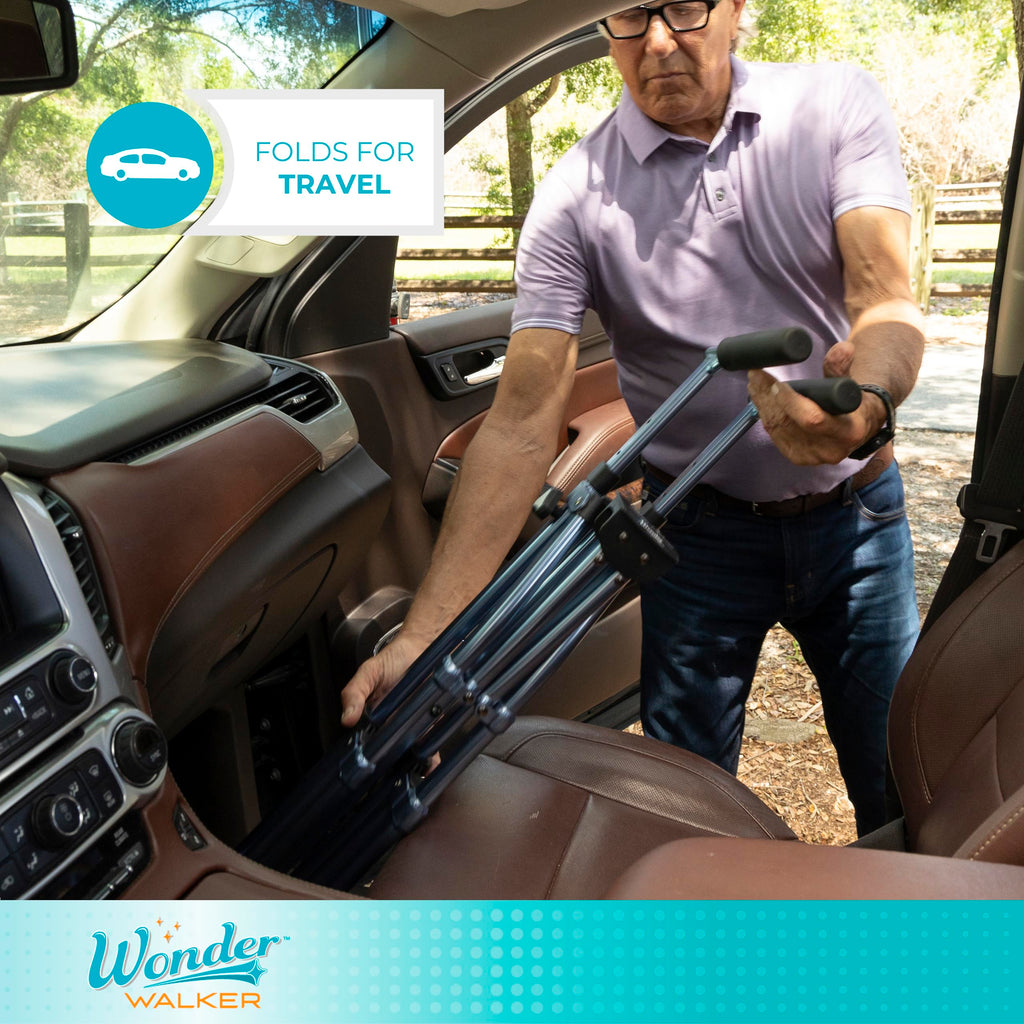 Stander Space Saver Walker, Lightweight Folding Rolling Mobility Aid for Seniors & Adults, Compact 2-Wheel Disability Device with 6-inch Wheels & Ski Glides for Walking Support, Regal Rose