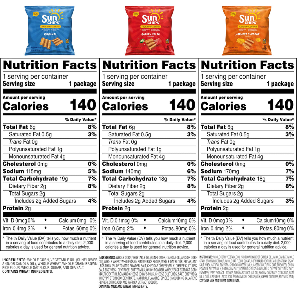 SunChips 100% Whole Grain Chips, Variety Pack, 1 oz Bags, Pack of 40, No Artificial Flavors, Colors
