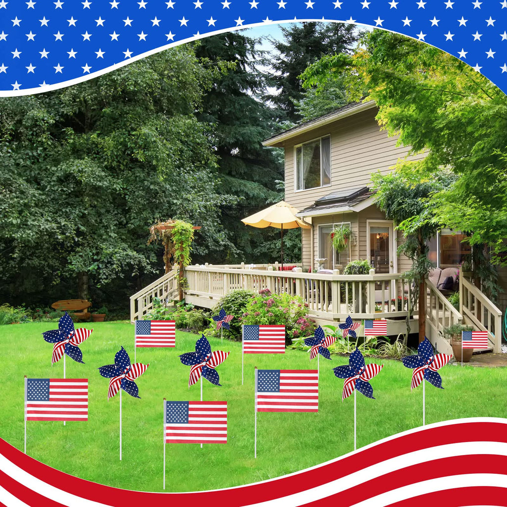 120 Pcs 4th of July Decorations Include 60 Patriotic Pinwheels 60 Small American Flags on Stick, Red White and Blue Pinwheel Windmill for Memorial Day Independence Day Parade Yard Decor Garden Outdoor