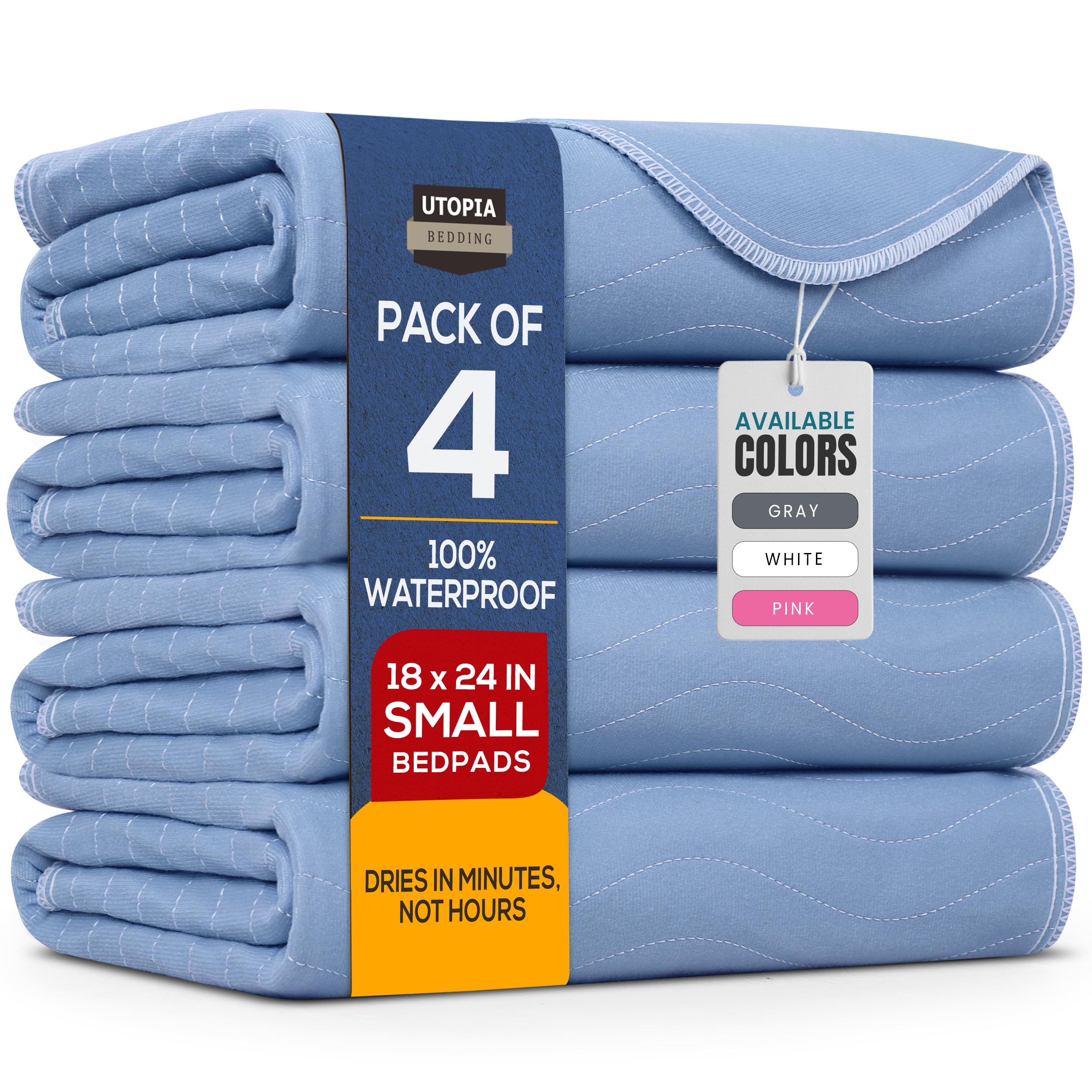 Utopia Bedding Washable Underpads 18" x 24" (Pack of 4), Waterproof Reusable Heavy Absorbency Incontinence Bed Pads for Adults, Kids, Elderly and Pets, Bedwetting Pads for Sofa and Couch (Blue)
