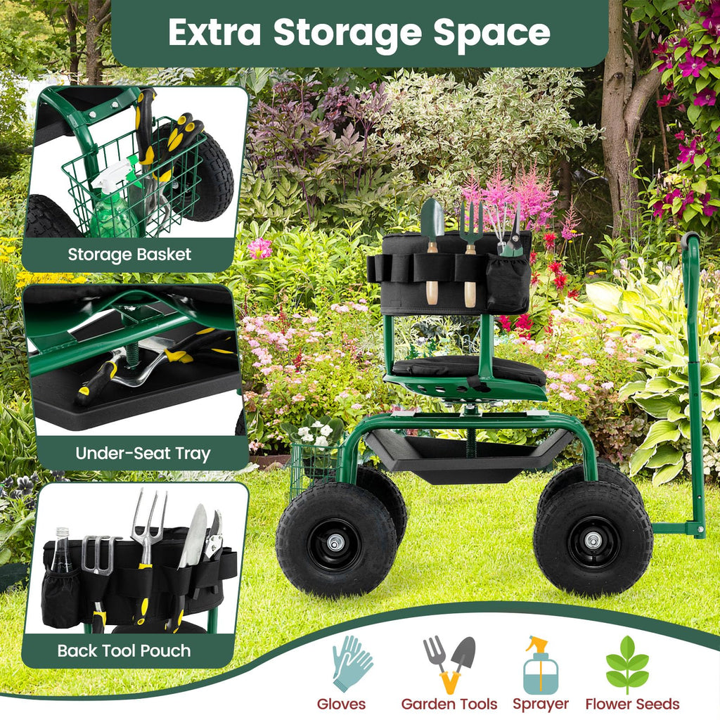 Goplus Garden Seat with Wheels, Rolling Gardening Stool with Adjustable 360° Swivel Seat, Tool Tray & Storage Basket, Extendable Handle, Outdoor Gardening Scooter, Garden Cart Workseat for Seniors