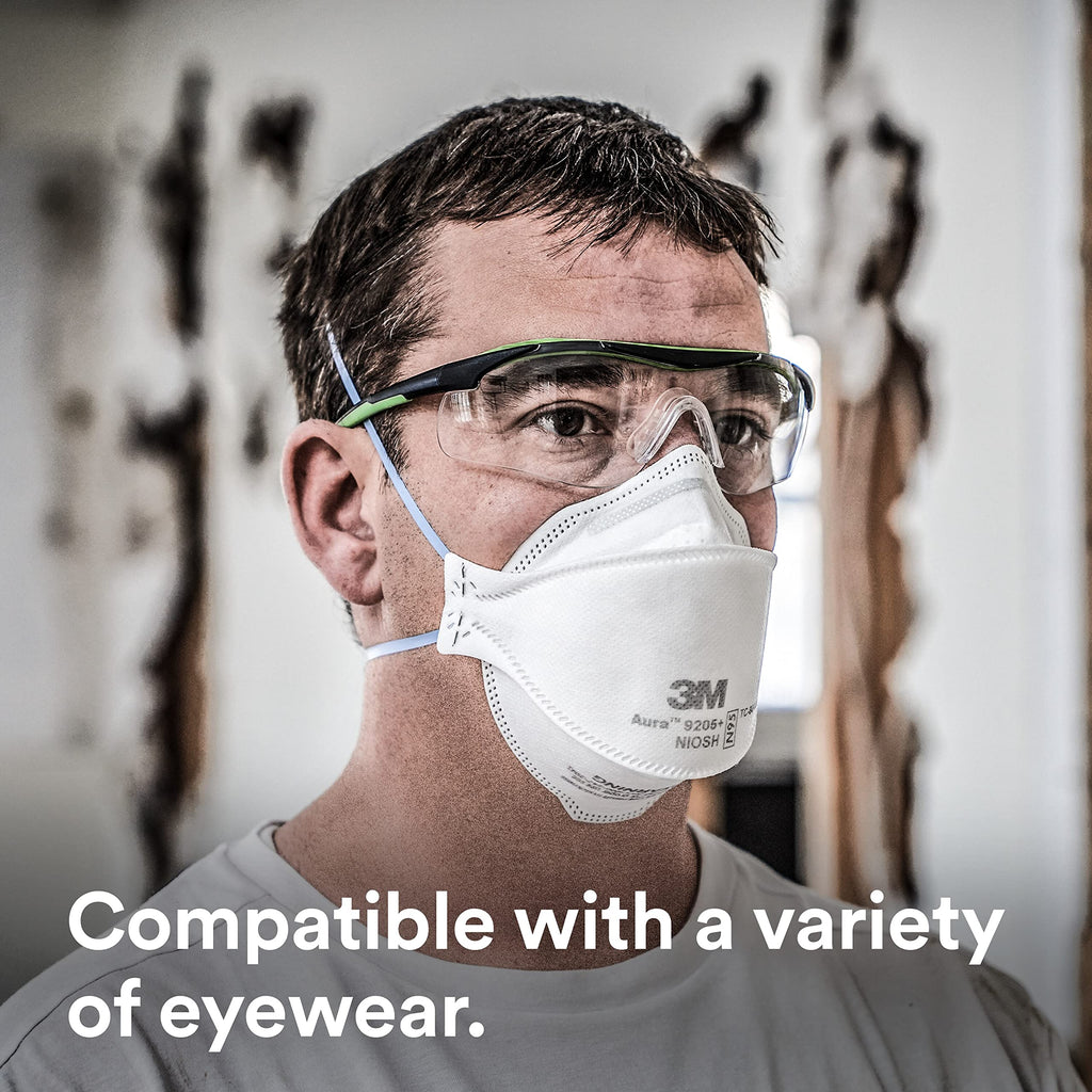 3M Aura Particulate Respirator 9205+, N95, Pack of 20 Disposable Respirators, Individually Wrapped, 3 Panel Flat Fold Design Allows for Facial Movements, Comfortable, NIOSH Approved, Smoke