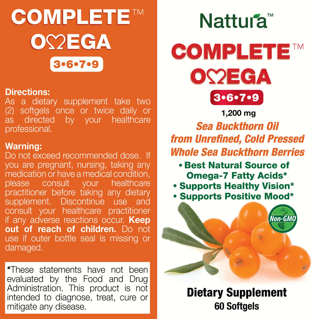 Nattura Complete Omega 3-6-7-9, Pure Sea Buckthorn Oil, European Quality, from Unrefined, Cold Pressed Whole Sea Buckthorn Wild Berries - 1,200mg - 2 Bottles