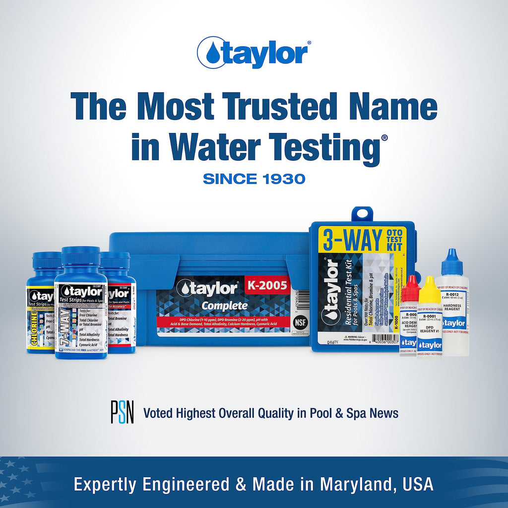 Taylor Technologies S-1403, 7-in-1 Pool and Spa Test Strips for Free & Total Chlorine, Total Bromine, pH, Total Alkalinity, Total Hardness & Cyanuric Acid, 50 Test Strips | Made in the USA