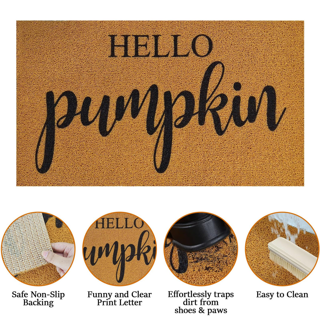 2 Pcs Fall Door Mat Combo Set Imitation Coir Welcome Mat, 43" x 28" Buffalo Plaid Rug Outdoor for Fall Halloween Thanksgiving Rustic Farmhouse Indoor Autumn Mats Hello Pumpkin (Black and White Plaid)