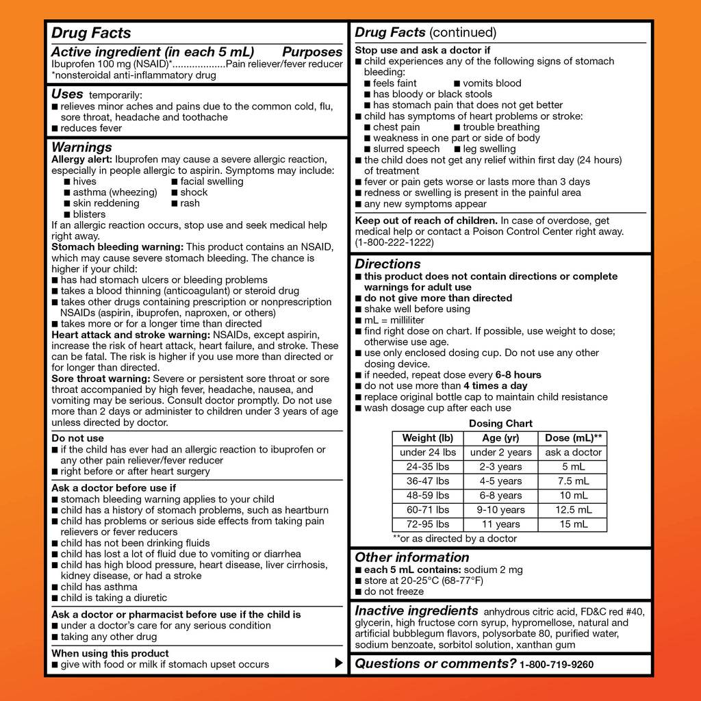 Amazon Basic Care Children's Ibuprofen Oral Suspension 100 mg per 5 mL, Pain Reliever and Fever Reducer (NSAID), BubbleGum, For Minor Aches and Pains, Headache Relief and More, 8 fl oz (Pack of 1)