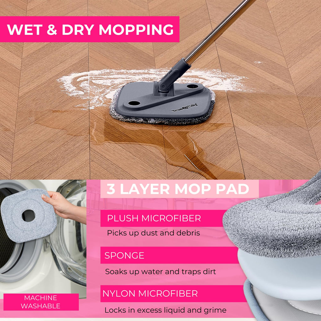 True & Tidy True Clean Spin Mop & Bucket System – Dual Compartment Design for Clean & Dirty Water, 360° Swivel Mop Head, Built-in Scrubbing Brush, Stainless Steel Handle & 2 Reusable Microfiber Pads