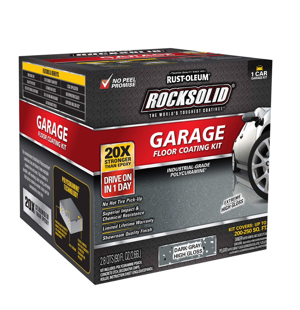 Rust-Oleum 317286 RockSolid Polycuramine Garage Floor Coating, 1 Car Kit, High Gloss Dark Gray