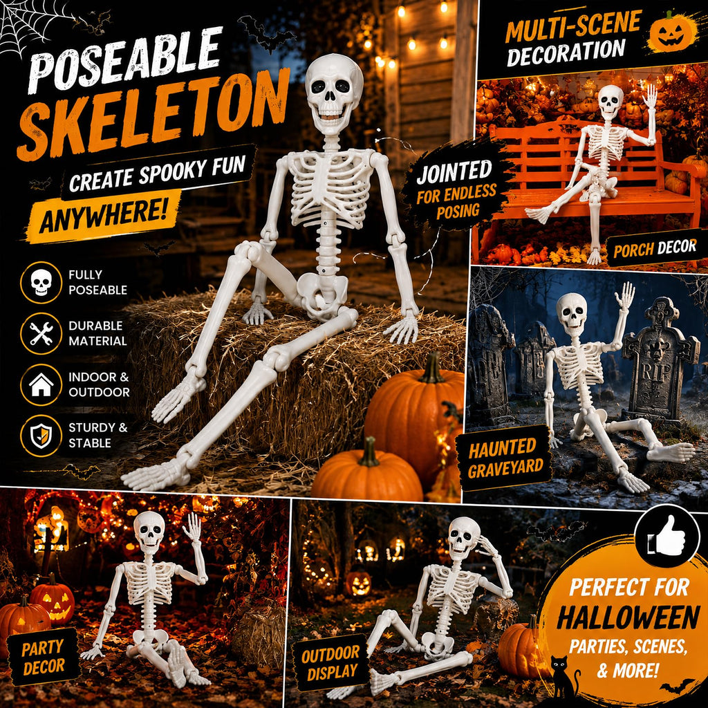 Toolterritary 36" Halloween Skeleton, 3 ft Human Skeleton Full Body Posable Joints Plastic Skeleton for Halloween Decoration, Yard Patio Lawn Garden Skeleton Spooky Party Decoration Indoor Outdoor