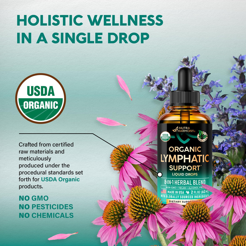 USDA Organic Lymphatic Drainage Supplement - Echinacea | Elderberry | Dandelion | Rosehip | Cleavers | Calendula | Burdock - Made in USA - Lymph System Drops - Immune Support, Cleanse & Detox, 2 Pack