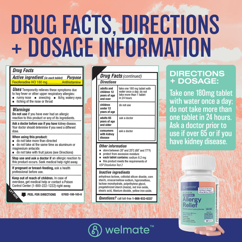 WELMATE Non-Drowsy Allergy Medicine, Fexofenadine HCl 180mg, 100 Count - 24 Hour Antihistamine for Hay Fever, Pollen, Sneezing, Itchy Eyes, Runny Nose - Allergy Relief Pills for Adults