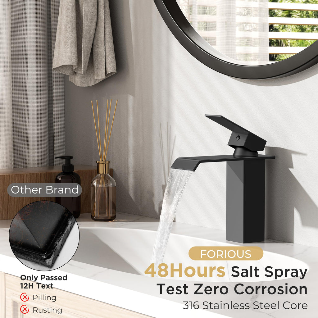 FORIOUS Bathroom Faucet Matte Black Modern Waterfall Bathroom Sink Faucet 1 or 3 Hole Single Handle with Deck Plate and Drain, Suitable for Vanity Rv Camper Commerical