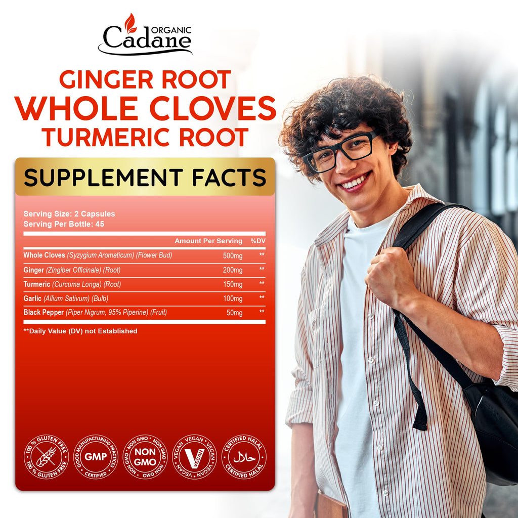 Cadane 5in1 Whole Cloves Herbal Blend | Digestive & Immune Support | Clove, Ginger, Turmeric, Garlic, and Black Pepper | Non-GMO, Vegan – 90 Capsules – 45-Day Supply