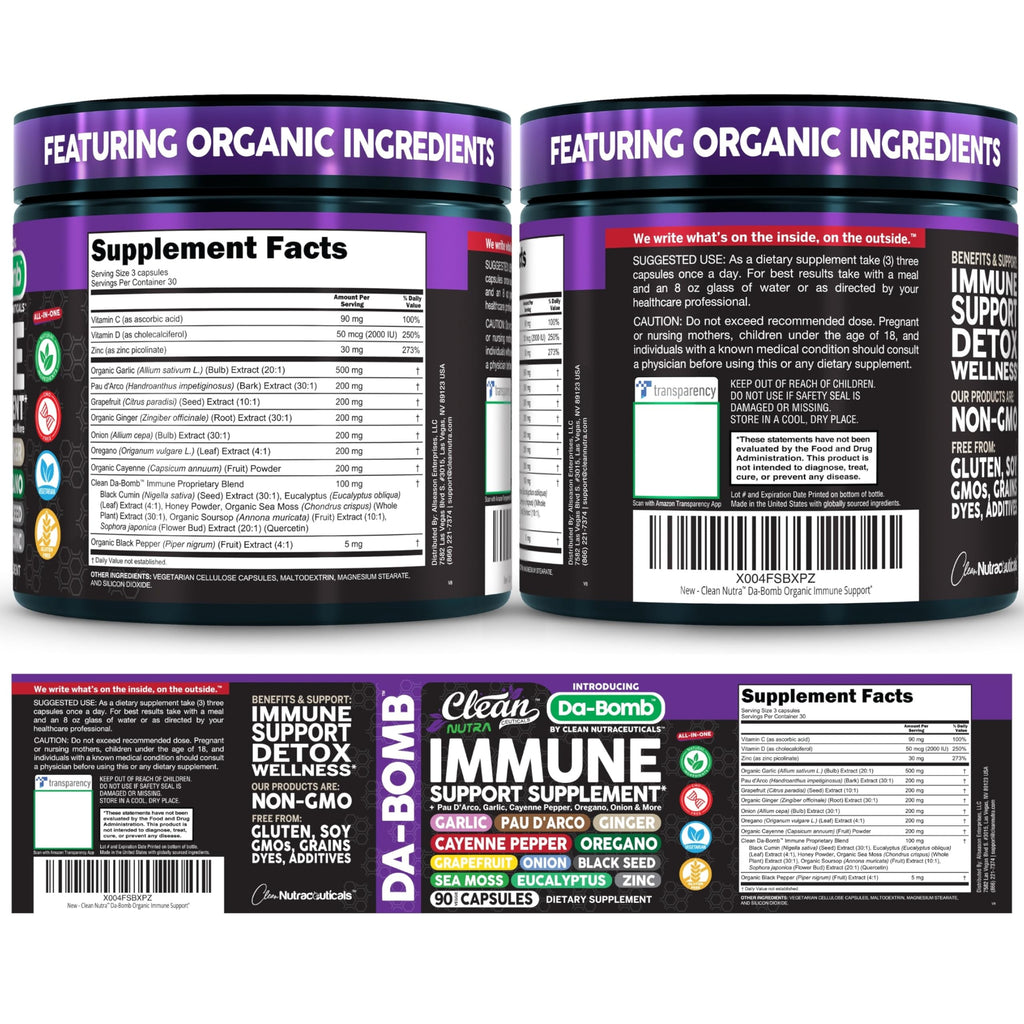 Organic Immune Support with PAU D'Arco Garlic Cayenne Pepper Oregano Ginger Grapefruit Onion Black Seed Sea Moss Black Pepper Zinc Eucalyptus Vitamin C Vitamin D Organic Soursop By Clean Nutra