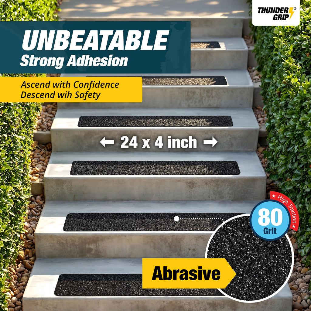Thunder Grip Outdoor Stair Treads Non Slip 24" x 4" - 15-Pack Weather Resistant Exterior Grip Tape for Wooden Steps - Anti Skid Strips - Waterproof 80-Grit Adhesive Treads