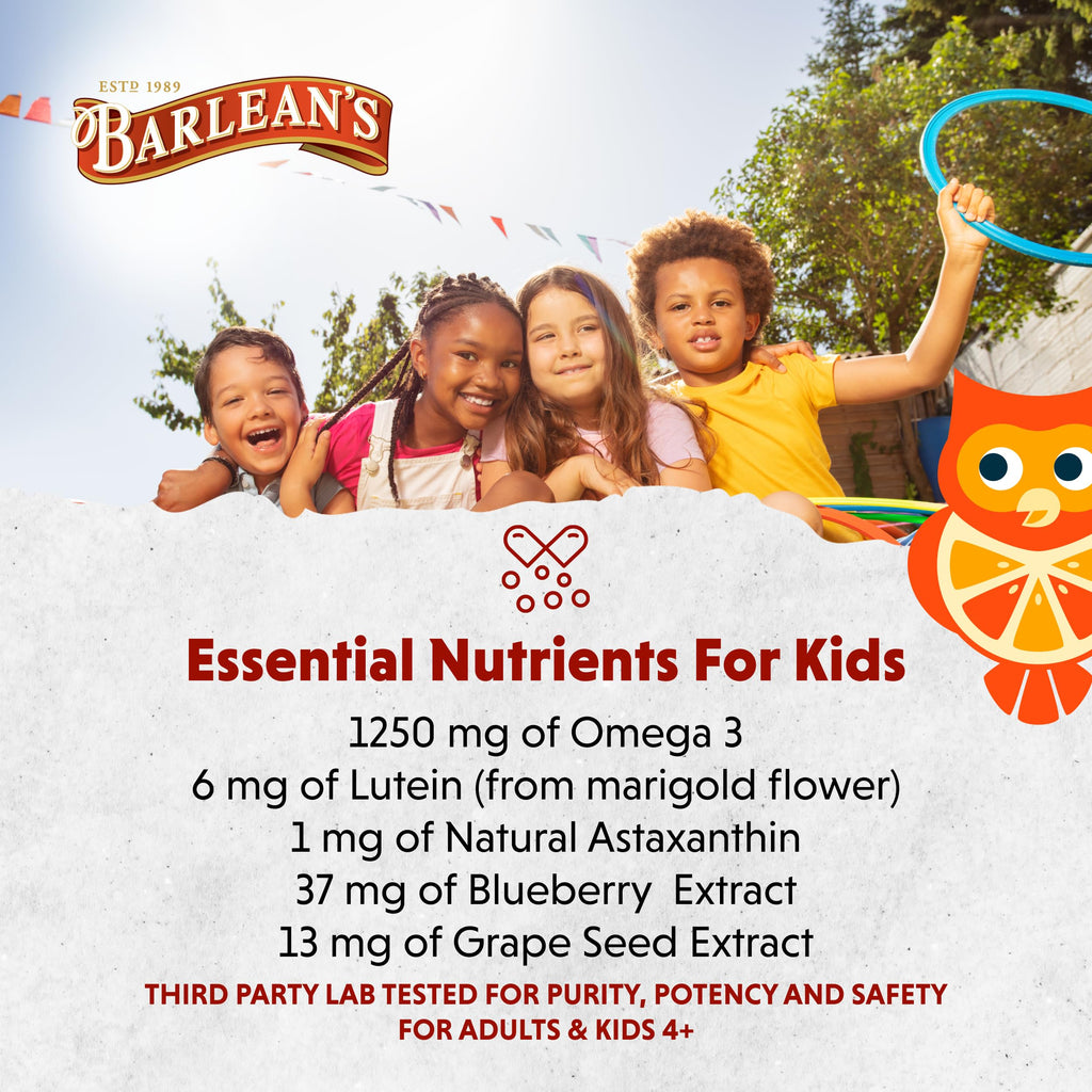 Barlean's Omega Pals Eye Health Liquid, Tangerine Flavored Omega 3 for Kids, Fish Oil Supplement with 500 mg of EPA & DHA Plus Lutein & Zeaxanthin Vitamins for Blue Light Support, 8 oz