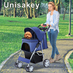 Unisakey 4 Wheels Pet Stroller for Small Medium Dogs Cats 10-33 lbs, Foldable Dog and Cat Stroller with Cup Holder & Storage Basket & Breathable Mesh, Pet Strolling Cart for All-Season, Navy Blue