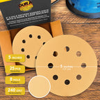 Dura-Gold Premium 240 Grit 5" Sandpaper Discs, 8 Hole Pattern Dustless, 50 Discs - Hook & Loop Backing for Orbital DA Sander, Detailing Finishing Color Sanding Automotive Paint Woodworking