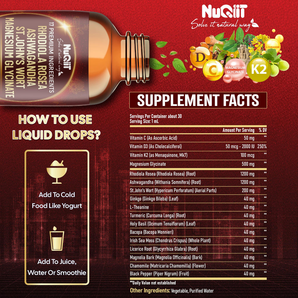 NUQIIT 17in1 Rhodiola Rosea Liquid Drops Tincture w/Ashwagandha Magnesium, L-Theanine. Ultra Rhodiola Cortisol Supplement, Rhodiola Root for Mood, Energy - 1 FL Oz - 60 Day Supply