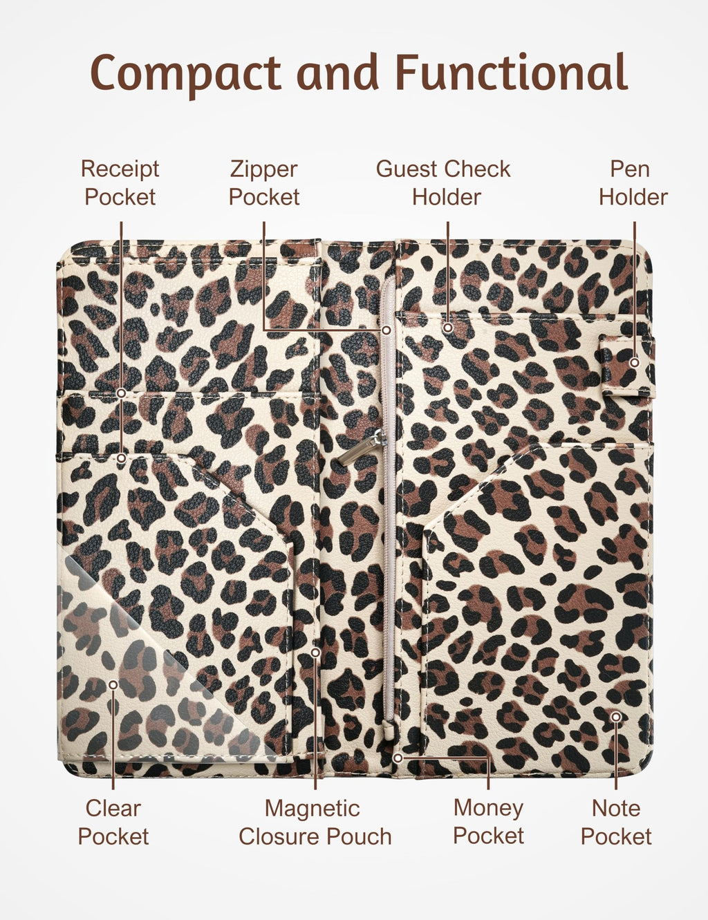 Server Book for Waitress with Zipper Pocket, Magnetic Pocket, Leopard