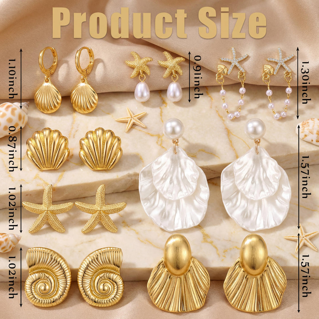 Nosiny 8 Pairs Beach Earrings for Women Gold Starfish Seashell Pearl Drop Shell Conch Earrings Summer Ocean Beachy Jewelry