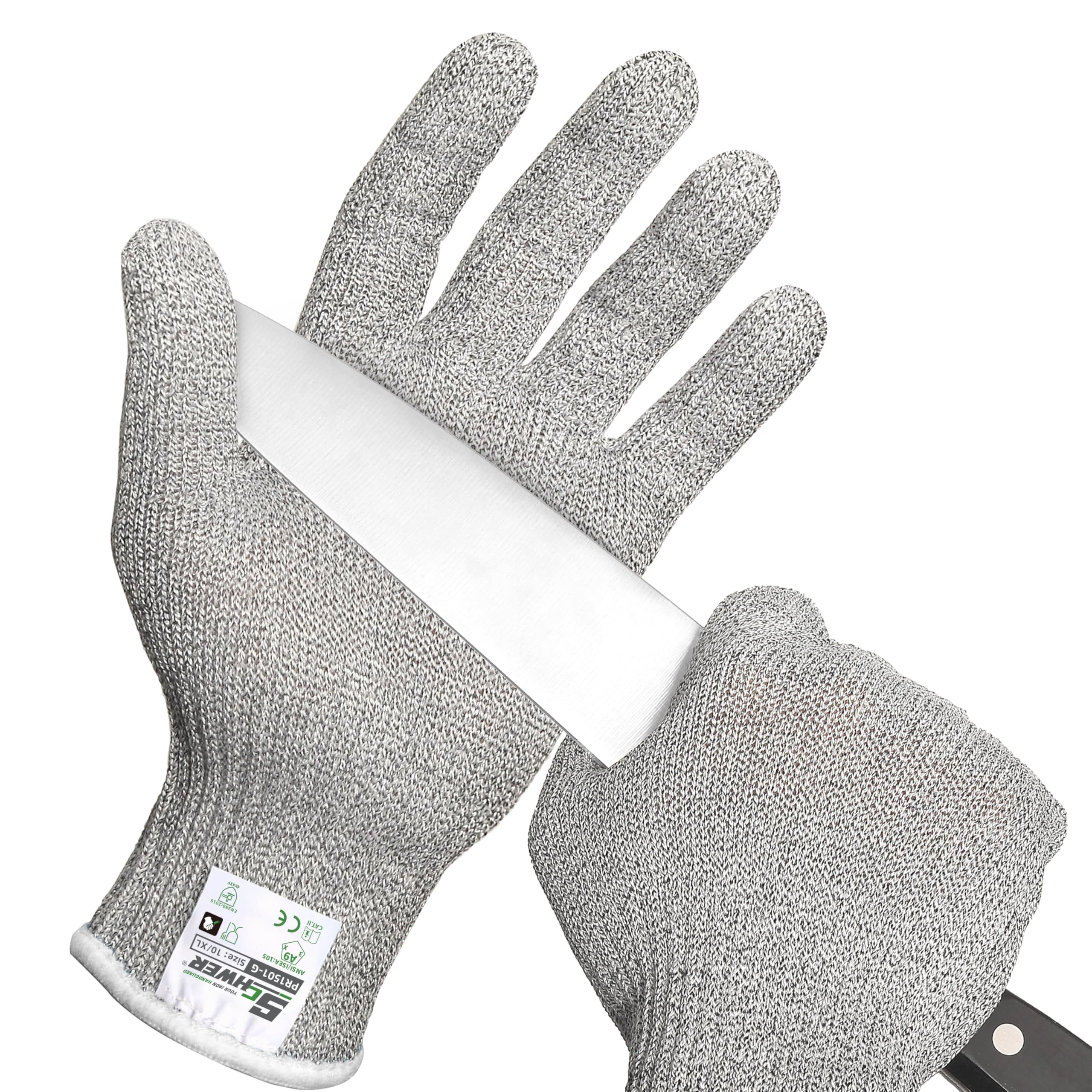 Schwer SlicePro ANSI A9 Cut Resistant Gloves, Food Grade Cutting Gloves for Kitchen Food Prep, Mandoline Gloves for Meat Cutting, Oyster Shucking, Fish Fillet Processing, PR1501-G, 2 Pairs, XL