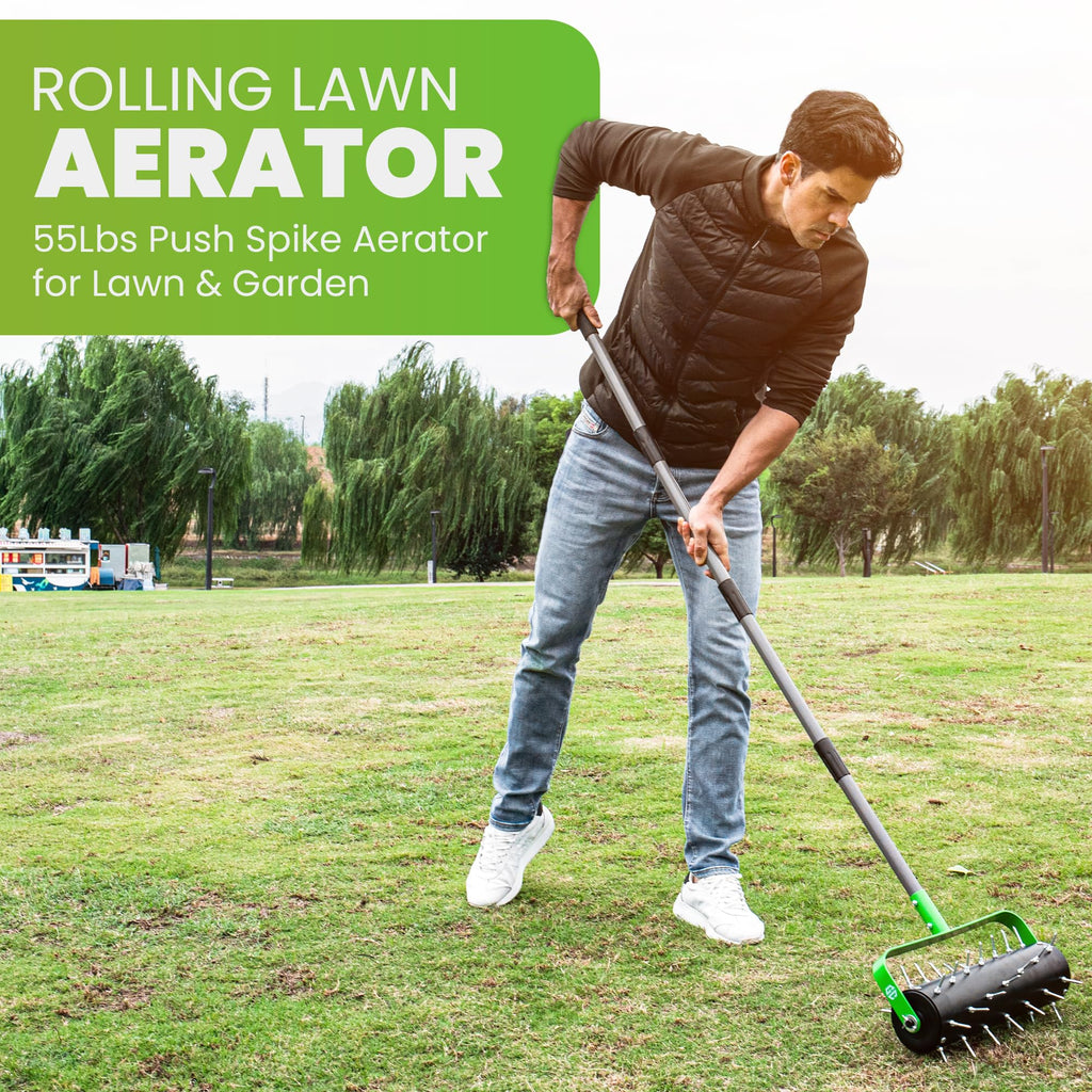 Manual Lawn Aerator Roller Tool, Heavy-Duty Rolling Lawn Aerator, 42 Pre-Attached Steel Spikes, 57 Inch Adjustable Height, Fillable Weighted Drum, 2 Inch Soil Penetrator for Lawn, Garden & Yard Care