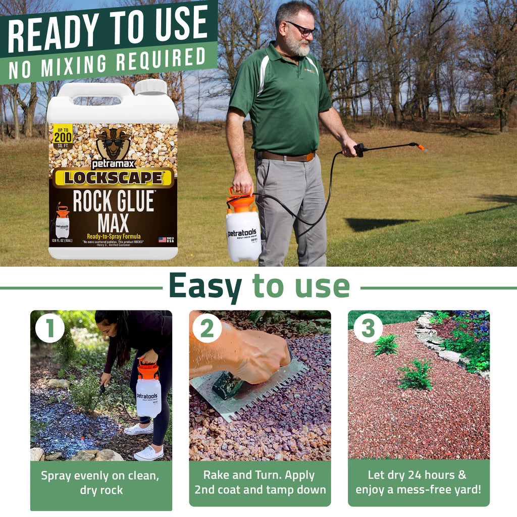PetraMax Lockscape Rock Glue for Landscaping, 1 Gal (Made in USA) - 100% Permeable & Pet-Safe Landscape Adhesives for Stones & Pebbles - Ready to Spray Pea Gravel Binder & Mulch Glue for Landscaping