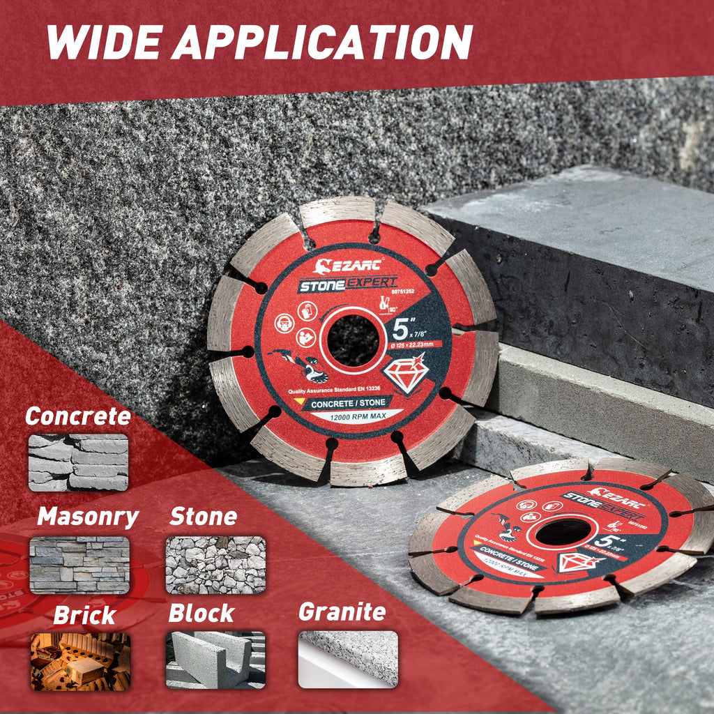 EZARC 5 inch Segmented Diamond Blade, Diamond Cutting Wheel for Angle Grinder Stone Master, 5" Stone Blade for Cutting Concrete Granite Masonry Brick, 7/8"-20mm-5/8 Arbor (2-Pack)