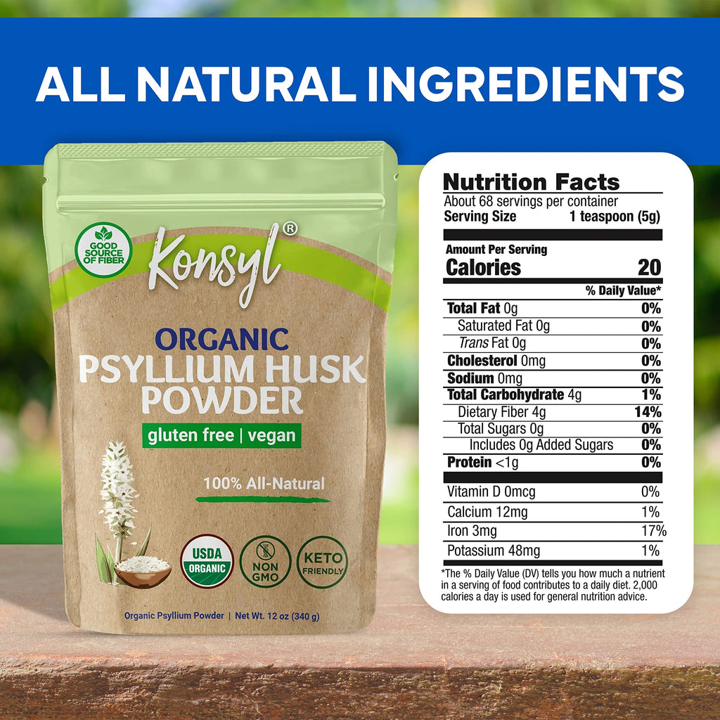 Konsyl Organic Psyllium Husk Powder - Perfect for Vegan Baking - USDA Certified Fiber Supplement Powder - All Natural, Gluten-Free, Sugar-Free, Unflavored