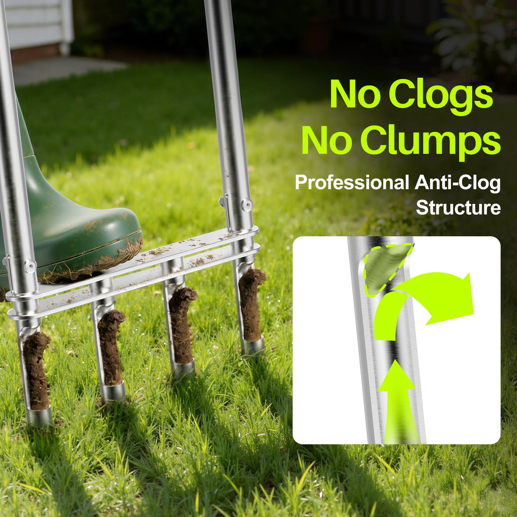Knee-Friendly Manual Lawn Aerator Tool –Adjustable SUS304 Stainless Steel Core Aerator for Grass, Yard Aeration Tool with 4 Hollow Tines for Lawn Care and Compacted Soil,43.3"-48.5",Silver
