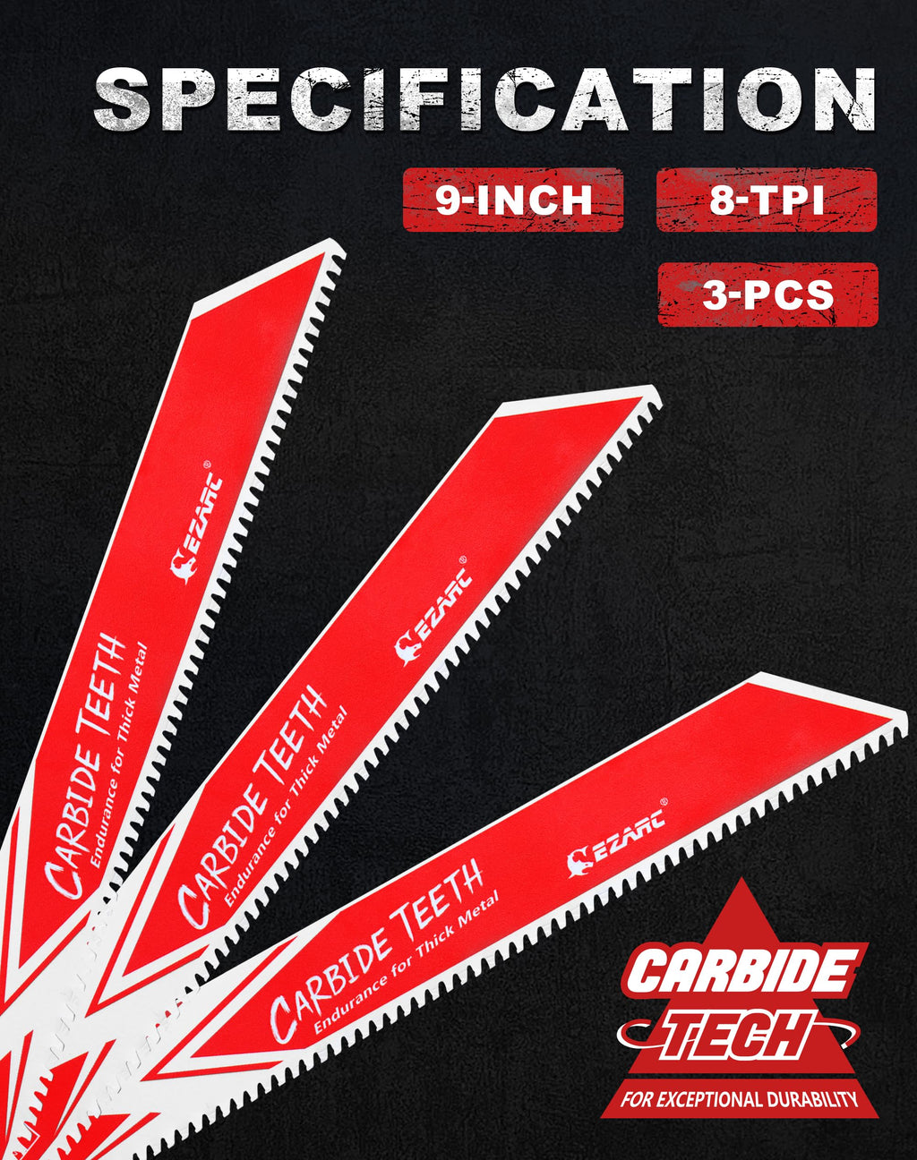 EZARC Carbide Reciprocating Saw Blade R978HM Endurance for Thick Metal, Cast Iron, Alloy Steel 9-Inch 8TPI, 1-Pack