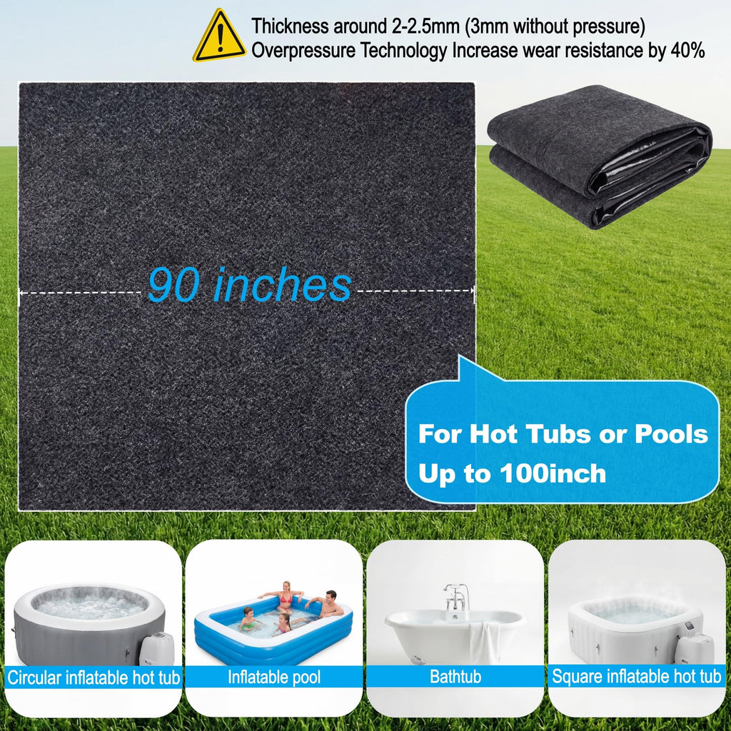 Upgraded 90 * 90 inch Square Hot Tub Mat, Extra Large Inflatable Hot Tub Pad Outdoor Indoor, Waterproof Slip-Proof Backing, Absorbent Spa Pool Ground Base Flooring Protector Mat