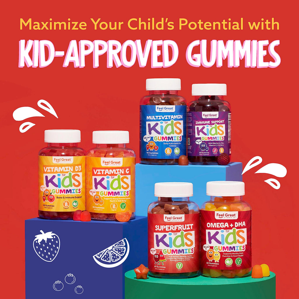 Feel Great Vitamin Co. Complete DHA Gummies for Kids | with Omega 3 6 9 + DHA, Vitamin C | Supports Healthy Brain Function, Vision & Heart Health | Gluten Free, Vegetarian | 60 Gummies