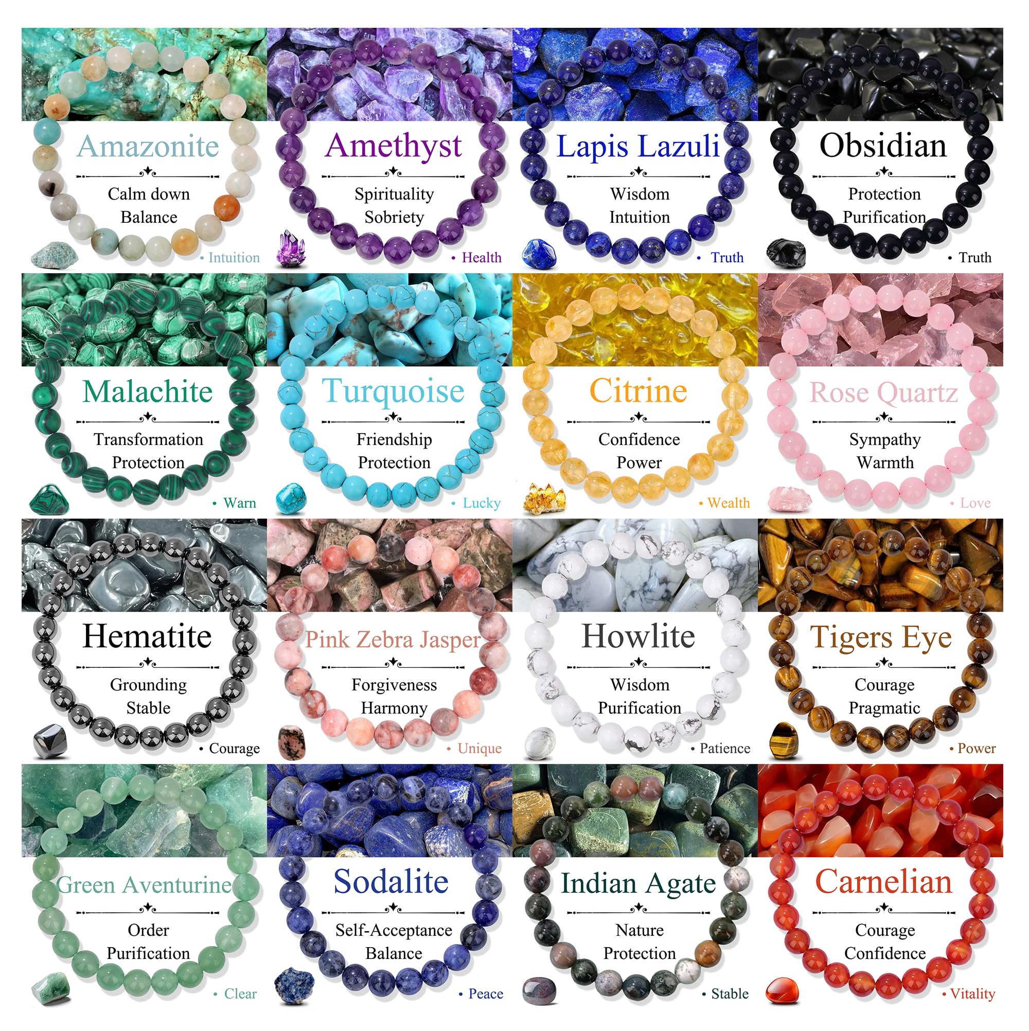 SAMOCO 16Pcs Natural Healing Crystal Bracelets for Women Men