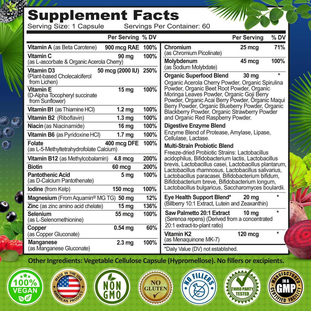 Men's Daily Multivitamin 50 Plus - Vegan Methylated Multivitamin for Men 50 and Over - Saw Palmetto, Biotin, Organic Superfoods, Lutein - Eye, Energy, Gut, Health Support - Easy to Swallow Capsules
