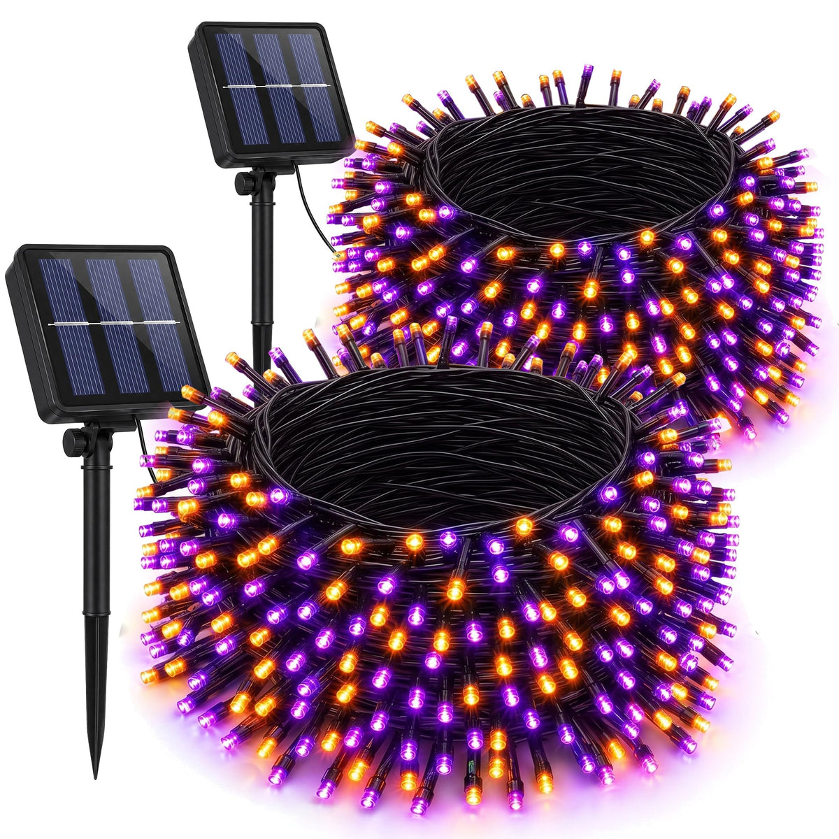 Dazzle Bright 2 Pack Total 400LED 132FT Halloween Solar String Outdoor Lights, 8 Modes Waterproof Halloween Lights for Bedroom Patio Garden Tree Party Yard Decoration (Purple & Orange)