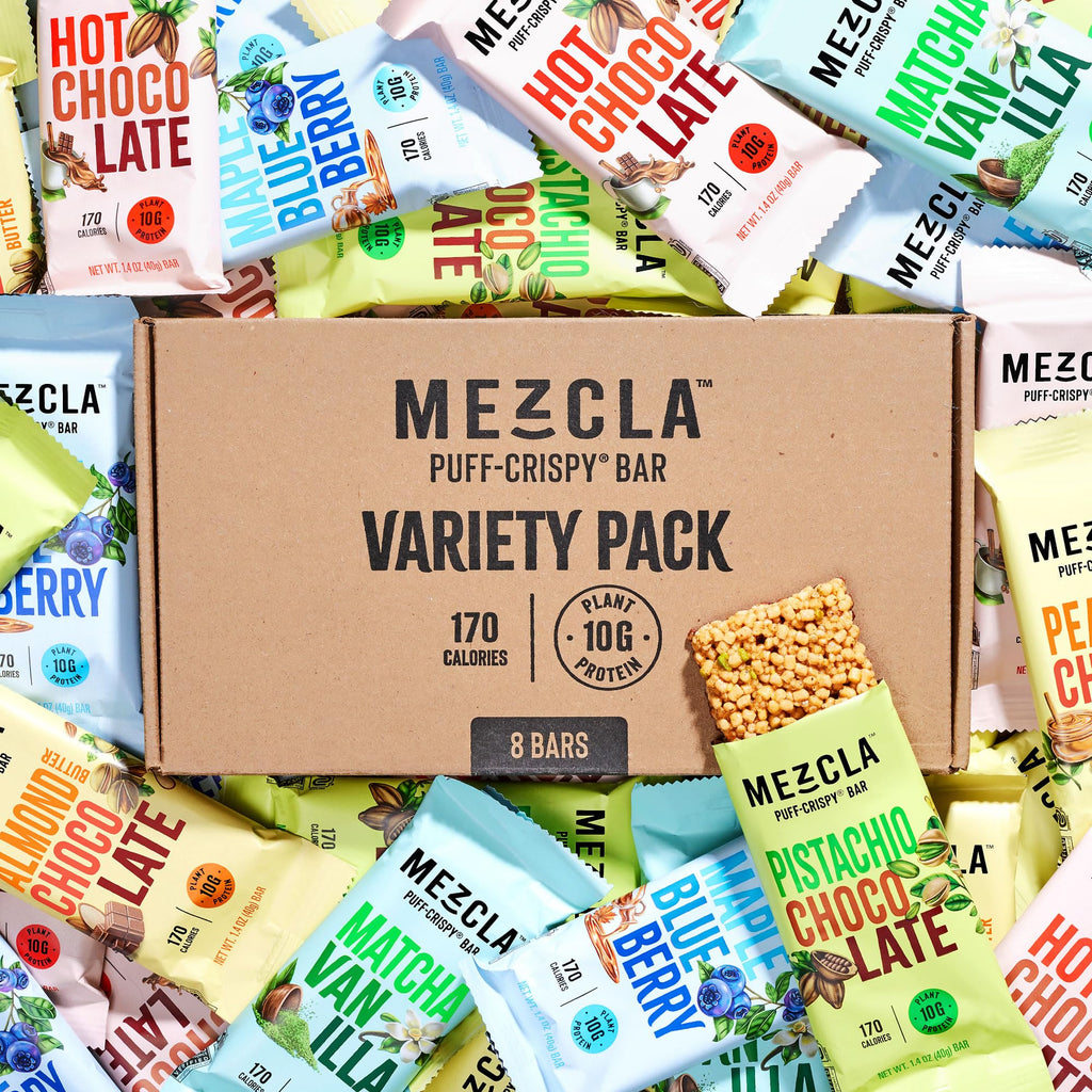 Mezcla Puff-Crispy Plant Based Protein Bars - Variety Pack - Healthy Snacks for Adults & Kids - Granola Bars for School, Travel, & Office Snacks - Gluten Free, Vegan, Non GMO, 10g Protein - 16 Count