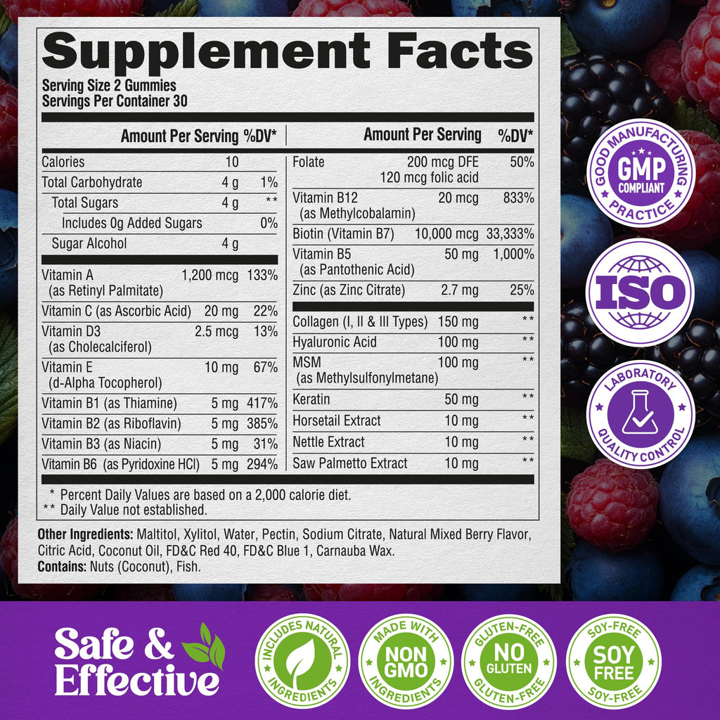 Biotin Gummies with Collagen - Hair Growth Support Skin, & Nail Strength - for Women & Men - Biotin 10000mcg | Keratin | Hyaluronic Acid | B-Complex | Saw Palmetto - Sugar-Free, Mixed Berry, Pack of 2
