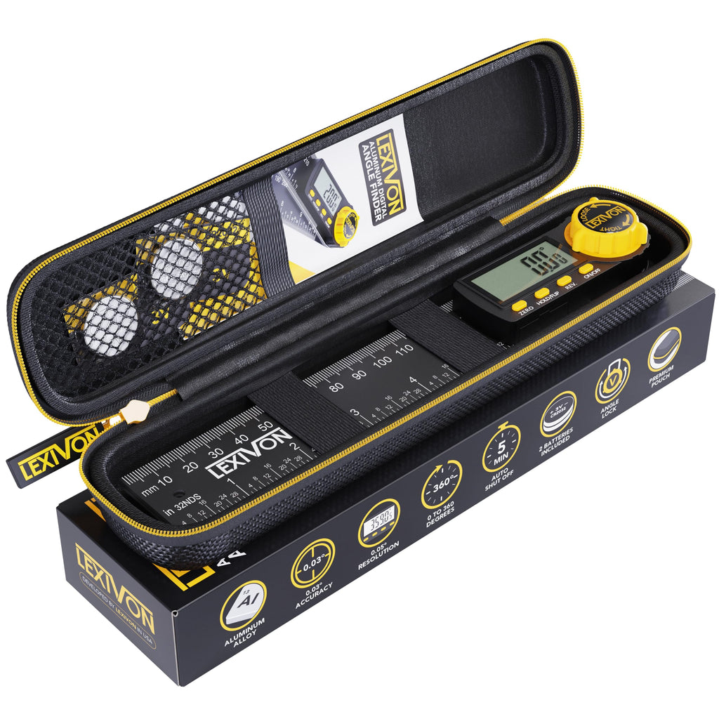 LEXIVON Aluminum Digital Angle Finder Gauge, 7-inch/180mm Multi-Purpose Protractor, Includes XL Display and Rugged Zippered Pouch (LX-DAF7)