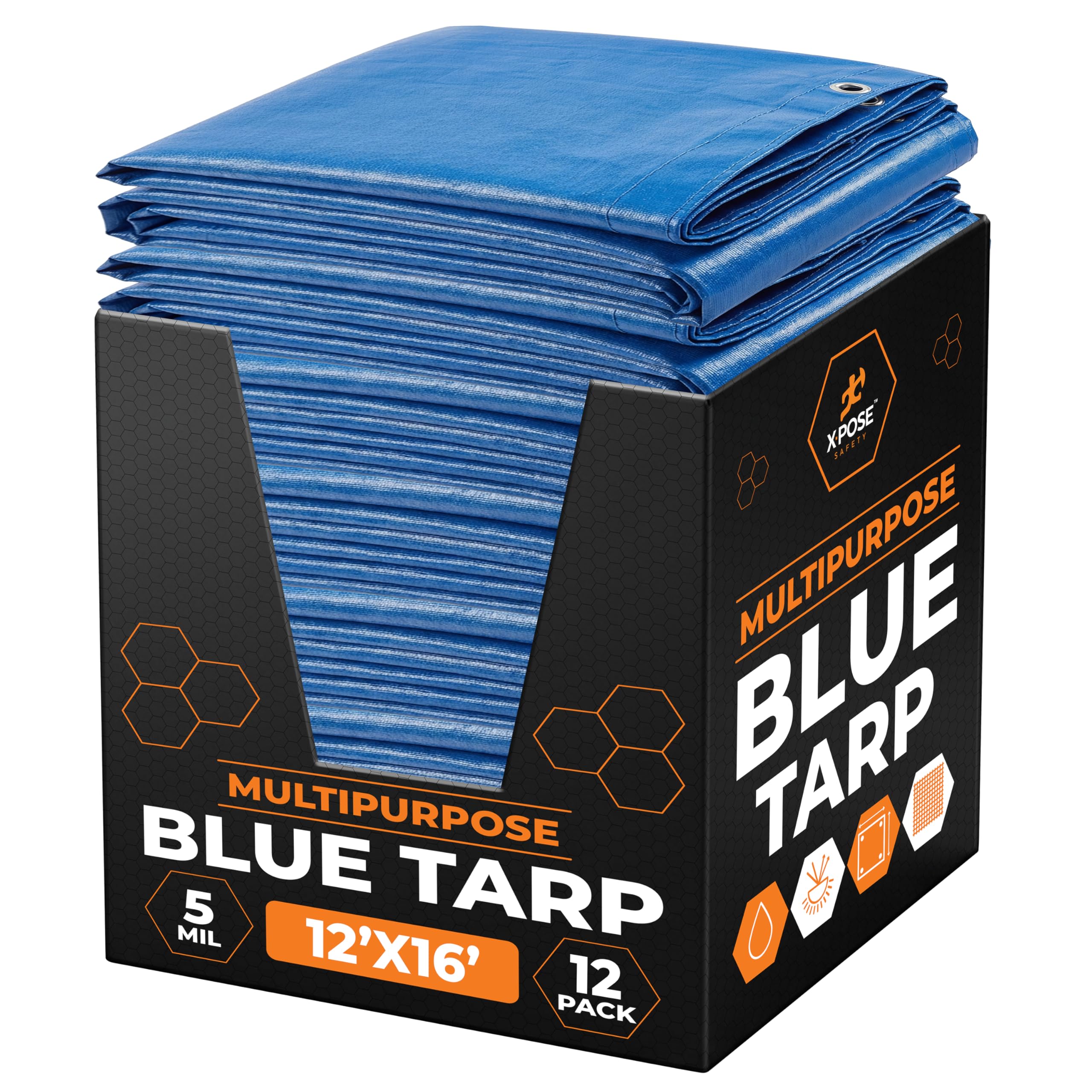 Better Blue Poly Tarp 12' x 16' (12-Pack) - Multipurpose Protective Cover - Lightweight, Durable, Waterproof, Weather Proof - 5 Mil Thick Polyethylene - by Xpose Safety